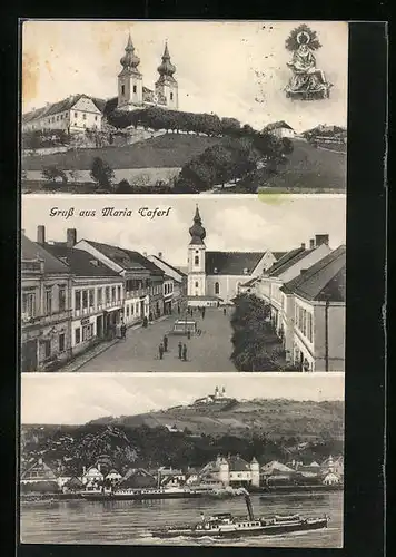 AK Maria Taferl, Ortspartie mit Kirche, Panorama mit Dampfer