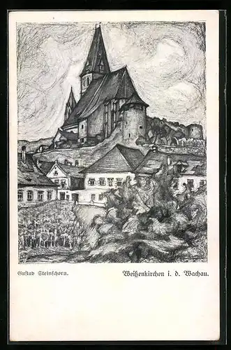 Künstler-AK Weissenkirchen /Wachau, Ortspartie mit Kirche