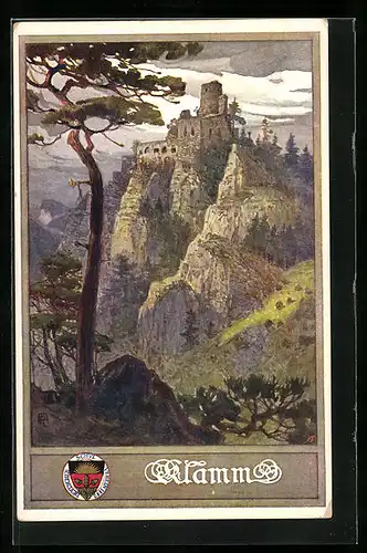 Künstler-AK Klamm, Ruine mit bewölktem Himmel