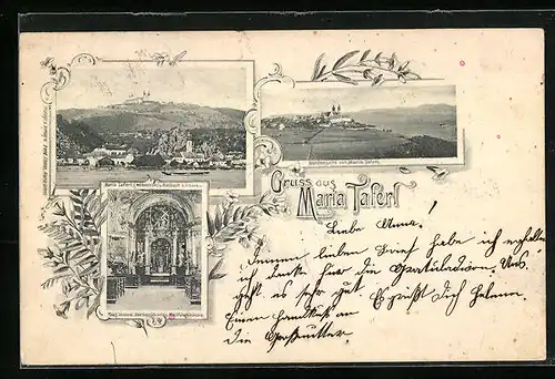 AK Maria-Taferl, Nordansicht, Südansicht u. Marbach, Inneres der Wallfahrtskirche