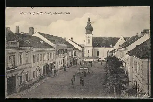 AK Maria-Taferl, Hautpstrasse mit Geschäften, Kirche und Brunnen