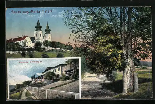 AK Maria-Taferl, Restaurant Veranda Eilnberger, Ortspartie mit Kirche und Bäumen