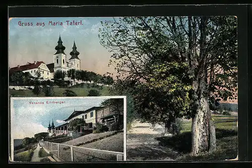AK Maria-Taferl, Restaurant Veranda Eilnberger, Ortspartie mit Kirche und Bäumen