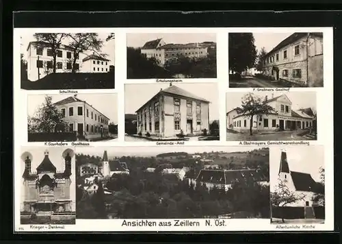 AK Zeillern, Gasthaus von K. Gayrhofer, Gasthof von F. Grabner, Gemischtwarenhandlung von A. Obstmayer