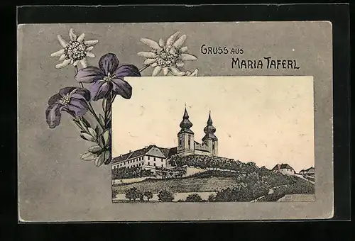 AK Maria-Taferl, Wallfahrtskirche mit Alpenblumen