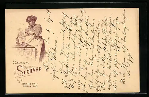 AK Reklame Cacao Suchard, Grand Prix Paris 1900, Hausfrau bereitet Kakao zu, Ganzsache