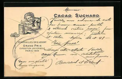 AK Reklame Cacao Suchard, Grand Prix Exposition Universelle Paris 1900, Kind mit Kakaotasse, Ganzsache