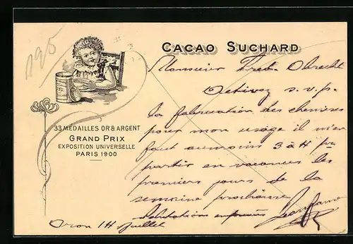 AK Reklame Cacao Suchard, Grand Prix Exposition Universelle Paris 1900, Kind freut sich über Kakao, Ganzsache
