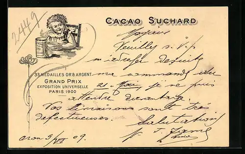 AK Reklame Cacao Suchard, Grand Prix Exposition Universelle Paris 1900, Kind freut sich über Kakao, Ganzsache