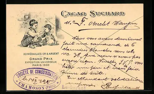 AK Reklame Cacao Suchard, Grand Prix Exposition Universelle Paris 1900, Knabe lässt seinen Bruder vom Kakao naschen