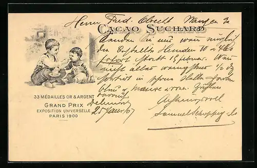 AK Reklame Cacao Suchard, Grand Prix Exposition Universelle Paris 1900, Knabe lässt seinen Bruder vom Kakao naschen