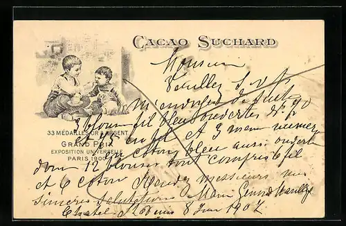 AK Reklame Cacao Suchard, Grand Prix Exposition Universelle Paris 1900, Knabe lässt seinen Bruder vom Kakao naschen