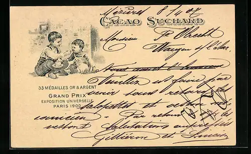 AK Reklame Cacao Suchard, Grand Prix Exposition Universelle Paris 1900, Knabe lässt seinen Bruder vom Kakao naschen
