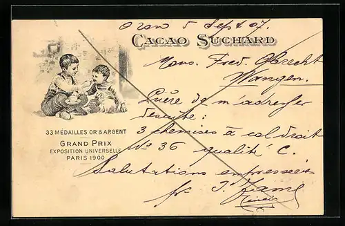 AK Reklame Cacao Suchard, Grand Prix Exposition Universelle Paris 1900, Knabe lässt sein Brüderchen vom Kakao naschen