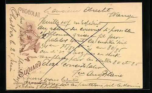 AK Reklame Chocolat Suchard, Grand Prix Paris 1900, Harlekin mit Schokolade
