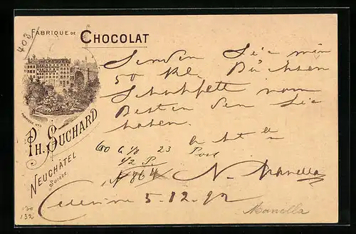 Vorläufer-AK Neuchatel, 1892, Fabrique Chocolat Suchard, Fabrique No. 3