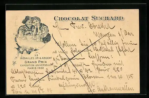 AK Reklame Chocolat Suchard, Grand Prix Paris 1900, Mutter und Tochter beim Kakao