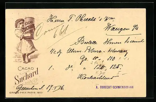 AK Reklame Cacao Suchard, Grand Prix Paris 1900, Kleines Mädchen mit grosser Kakaodose