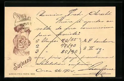 AK Reklame Chocolat Suchard, Grand Prix Paris 1900, Schöne trinkt Kakao, Ganzsache