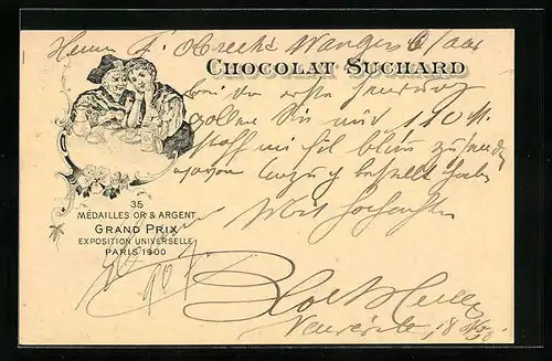 AK Reklame Chocolat Suchard, Grand Prix Paris 1900, Frauen beim Kakao, Ganzsache