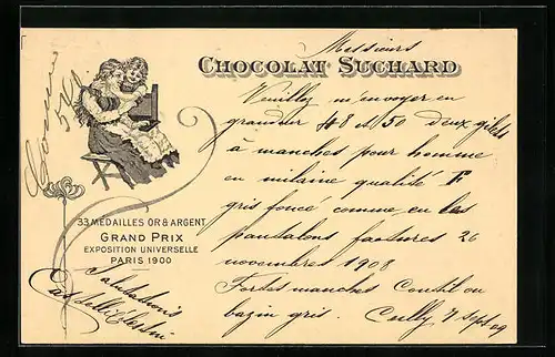AK Reklame Chocolat Suchard, Grand Prix Paris 1900, Mutterglück, Ganzsache