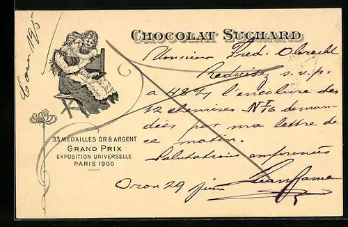 AK Reklame Chocolat Suchard, Grand Prix Paris 1900, Mutterglück, Ganzsache