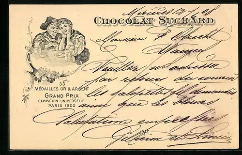 AK Reklame Chocolat Suchard, Grand Prix Paris 1900, Junge und alte Frau bei einer Tasse Kakao, Ganzsache