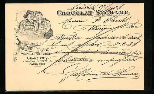 AK Reklame Chocolat Suchard, Grand Prix Paris 1900, Junge und alte Frau bei einer Tasse Kakao, Ganzsache