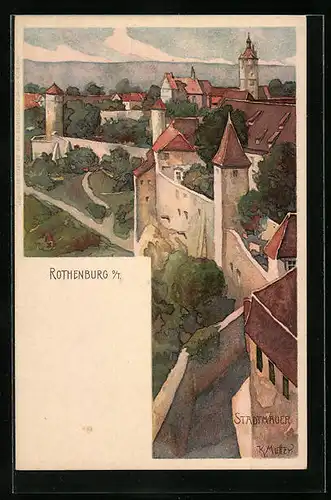 Künstler-AK Karl Mutter: Rothenburg o. T., Ansicht mit Stadtmauer