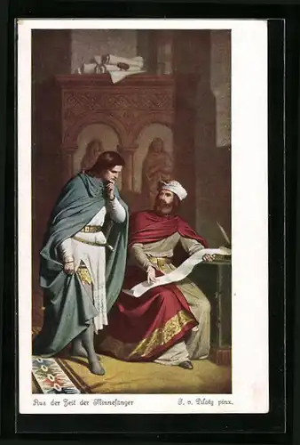 Künstler-AK sign. F. v. Piloty: Ritter bei einem Beamten