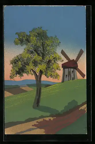 Künstler-AK Handgemalt: Idylle an der Windmühle, Schablonenmalerei