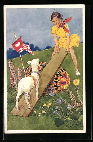 Künstler-AK sign. J. Wenig: Mädchen mit Lamm auf Wippe