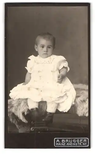 Fotografie A. Brugger, Mainz, Rheinstr. 47, Portrait niedliches kleines Mädchen im weissen Kleidchen