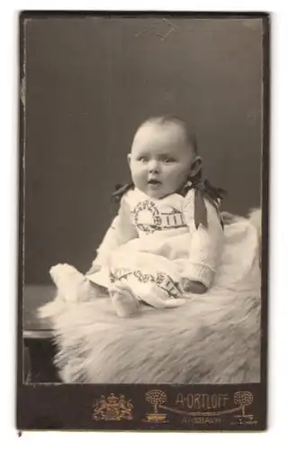 Fotografie A. Ortloff, Ansbach, Karolinenstr. 25, Portrait niedliches Baby im bestickten Kleidchen auf Fell sitzend