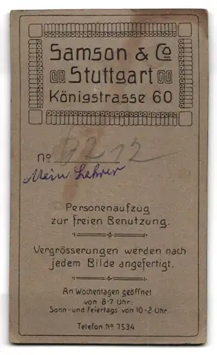 Fotografie Samson & Co., Stuttgart, Königstr. 60, Portrait stattlicher Herr mit Schnurrbart im Jackett