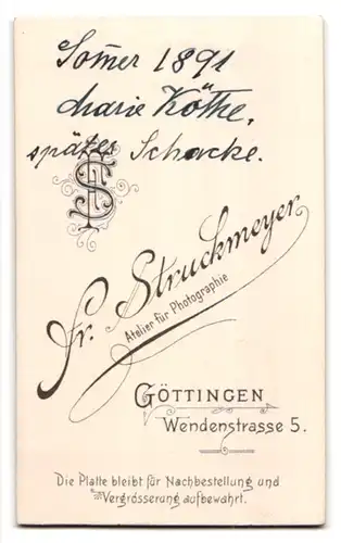 Fotografie Fr. Struckmeyer, Göttingen, Wendenstr. 5, Junge Dame mit zurückgebundenem Haar