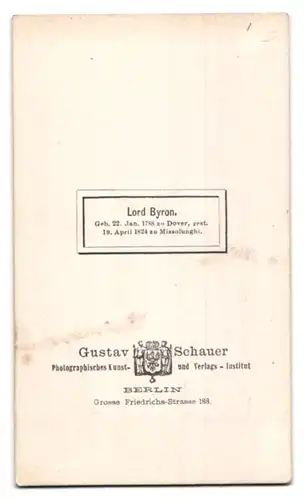 Fotografie Gustav Schauer, Berlin, Portrait George Gordon Byron, bekannt als Lord Byron