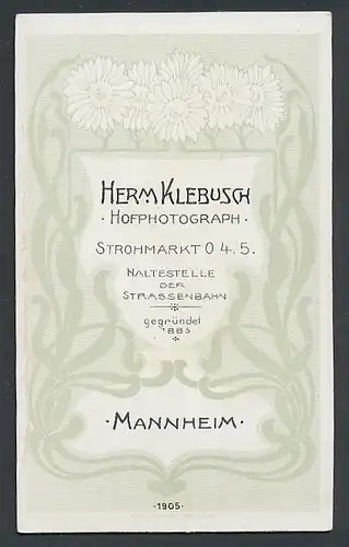 Fotografie Herm. Klebusch, Mannheim, Strohmarkt, Florale Umrandung des Fotografen Logos