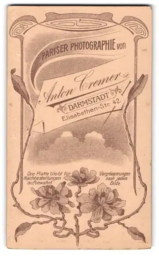 Fotografie Anton Cremer, Darmstadt, Elisabethenstr. 42, Florale Umrandung des Fotografenschildes