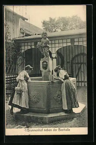 AK München, Bayerische Gewerbeschau 1912, Brunnenhof neben der Bierhalle