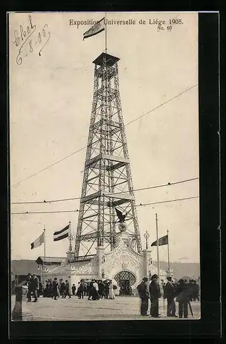 AK Liége, Exposition Universelle 1905, Turm mit Fahnen