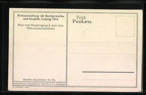 AK Leipzig, Weltausstellung für Buchgewerbe und Graphik 1914, Blick vom Haupteingang A nach dem Völkerschlachtdenkmal