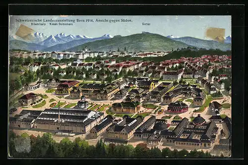 AK Bern, 19. Schweizerische Landesausstellung 1914, Ansicht gegen Süden mit Blüemlisalp, Niesen u. Doldenhorn