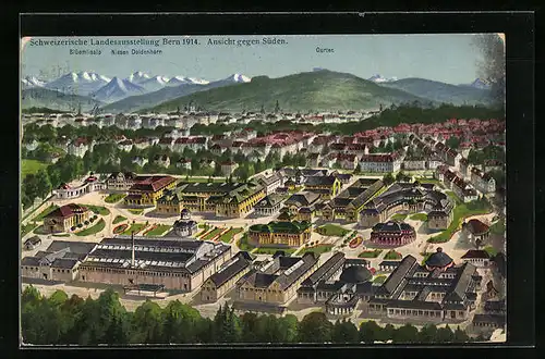 AK Bern, 19. Schweizerische Landesausstellung 1914, Ansicht gegen Süden mit Blüemlisalp, Niesen u. Doldenhorn