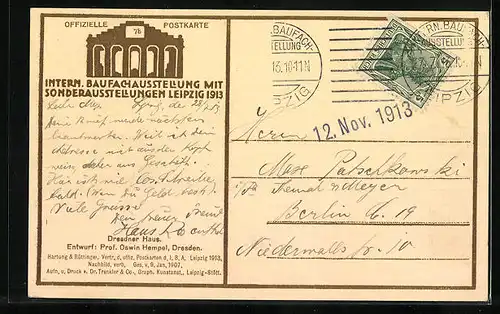 AK Leipzig, Internationale Baufachausstellung mit Sonderausstellungen 1913, Dresdner Haus