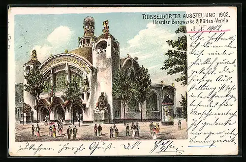 Lithographie Düsseldorf, Ausstellung des Horder Bergwerks- und Hüttenvereins 1902, Eingangsgebäude