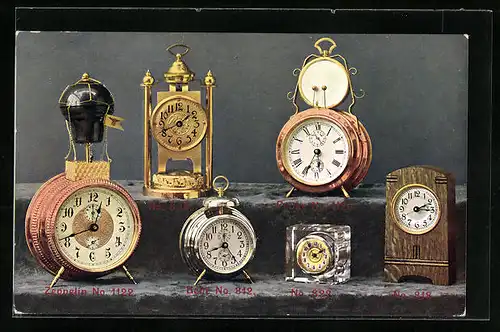 AK Verschiedene Uhren, Modelle Zeppelin, Pauke und Bébé