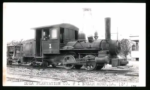 Fotografie Gryson, Longview, Ansicht Belle Rose / LA, Kleinbahn Dampflok Nr. 1 der Lula Plantation, Eisenbahn USA