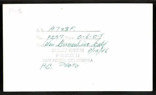 Fotografie E. Giffin, San Pedro, Ansicht San Bernardino / CA, Dampflok Nr. 9257 der A.T. & S.F. Eisenbahn USA