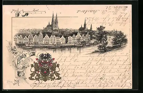 Passepartout-Lithographie Lübeck, An der Obertrave, Wappen